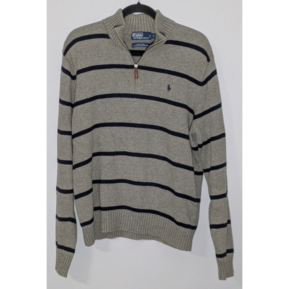 VTG Polo Ralph Lauren 1/4 Zip Sweater Men Large Gray Striped Mock Neck Pullover